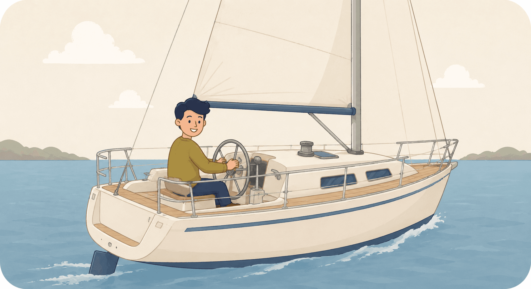 A person at the helm of a sailboat on calm water
